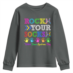 World Down Syndrome Day Youth Sweatshirt Rock Your Socks Awareness Support 321 TS10 Dark Heather Print Your Wear