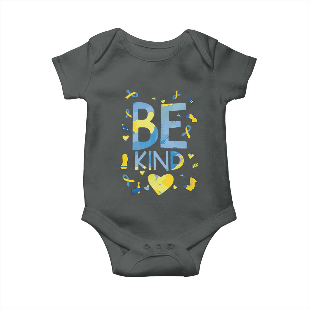 World Down Syndrome Day Baby Onesie Awareness Support Blue Yellow Ribbon Be Nice Kind TS10 Dark Heather Print Your Wear