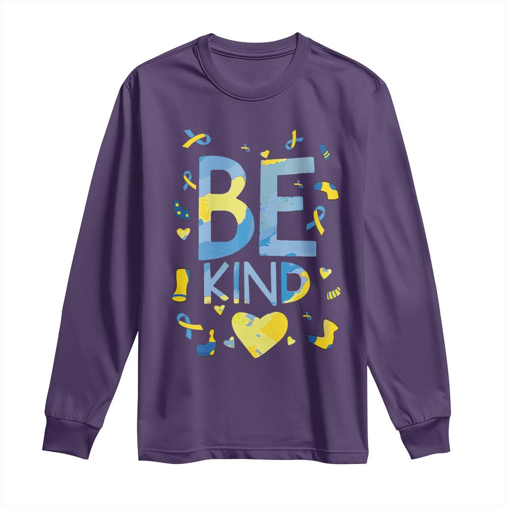 World Down Syndrome Day Long Sleeve Shirt Awareness Support Blue Yellow Ribbon Be Nice Kind TS10 Purple Print Your Wear