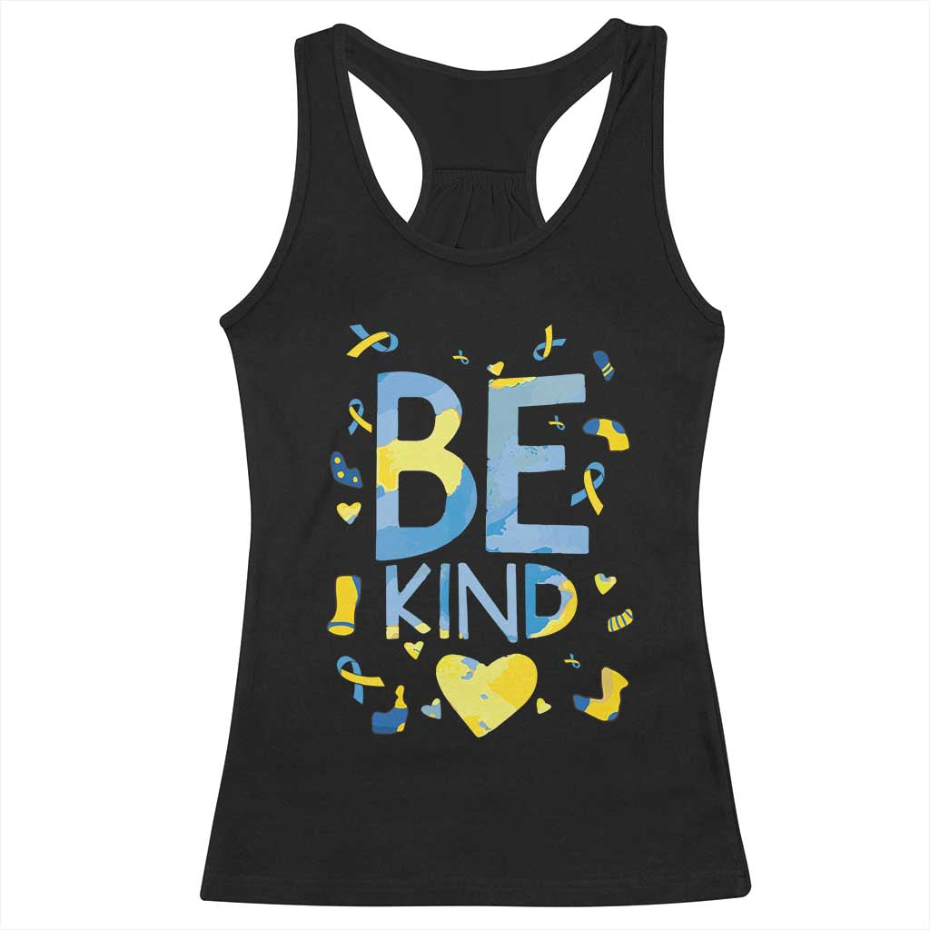 World Down Syndrome Day Racerback Tank Top Awareness Support Blue Yellow Ribbon Be Nice Kind TS10 Black Print Your Wear