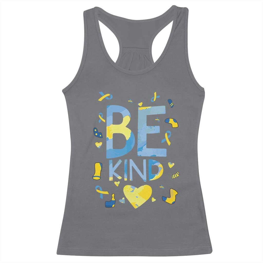 World Down Syndrome Day Racerback Tank Top Awareness Support Blue Yellow Ribbon Be Nice Kind TS10 Charcoal Print Your Wear