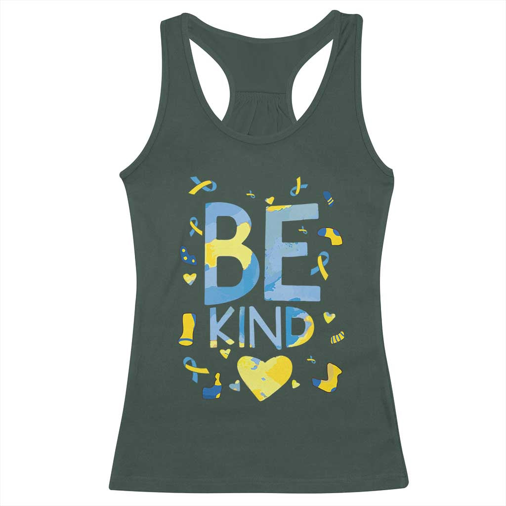 World Down Syndrome Day Racerback Tank Top Awareness Support Blue Yellow Ribbon Be Nice Kind TS10 Dark Forest Green Print Your Wear