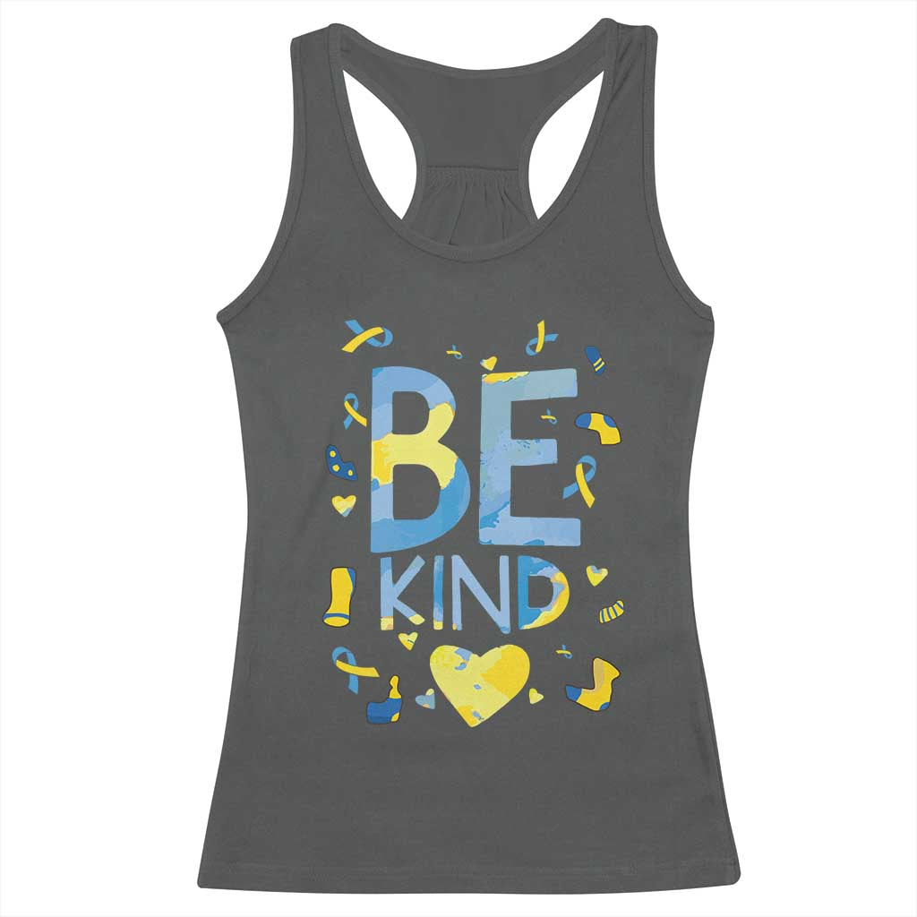 World Down Syndrome Day Racerback Tank Top Awareness Support Blue Yellow Ribbon Be Nice Kind TS10 Dark Heather Print Your Wear