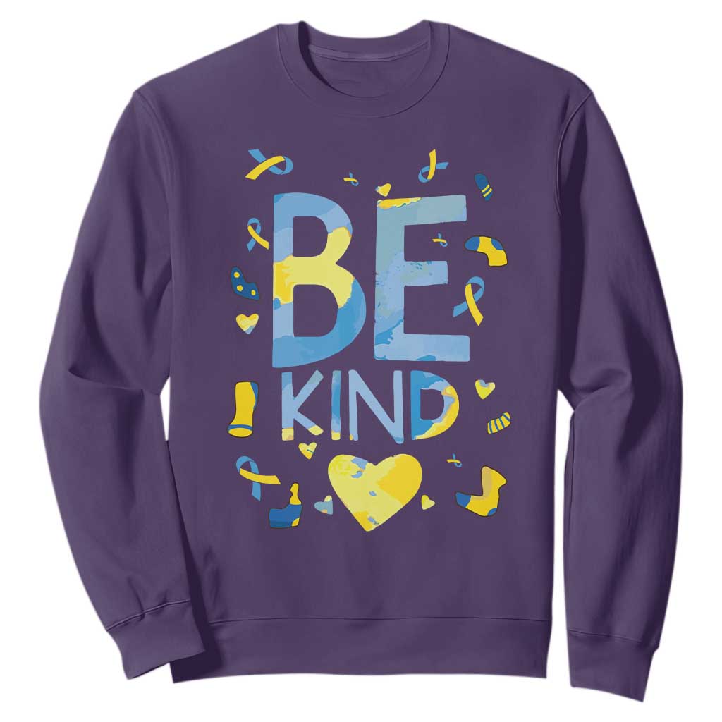 World Down Syndrome Day Sweatshirt Awareness Support Blue Yellow Ribbon Be Nice Kind TS10 Purple Print Your Wear