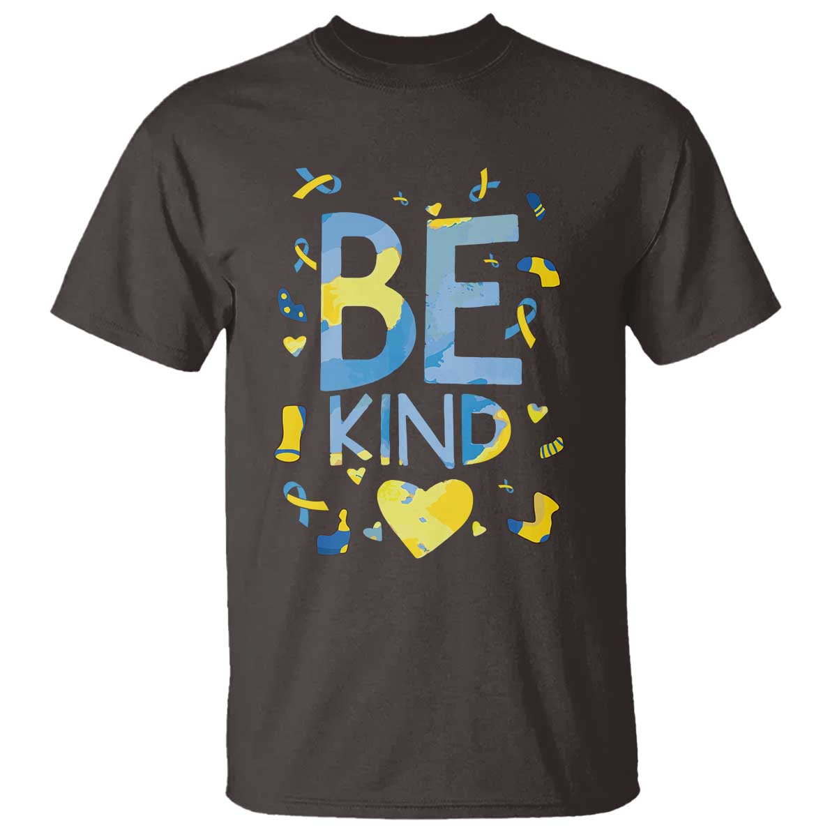 World Down Syndrome Day T Shirt Awareness Support Blue Yellow Ribbon Be Nice Kind TS10 Dark Chocolate Print Your Wear