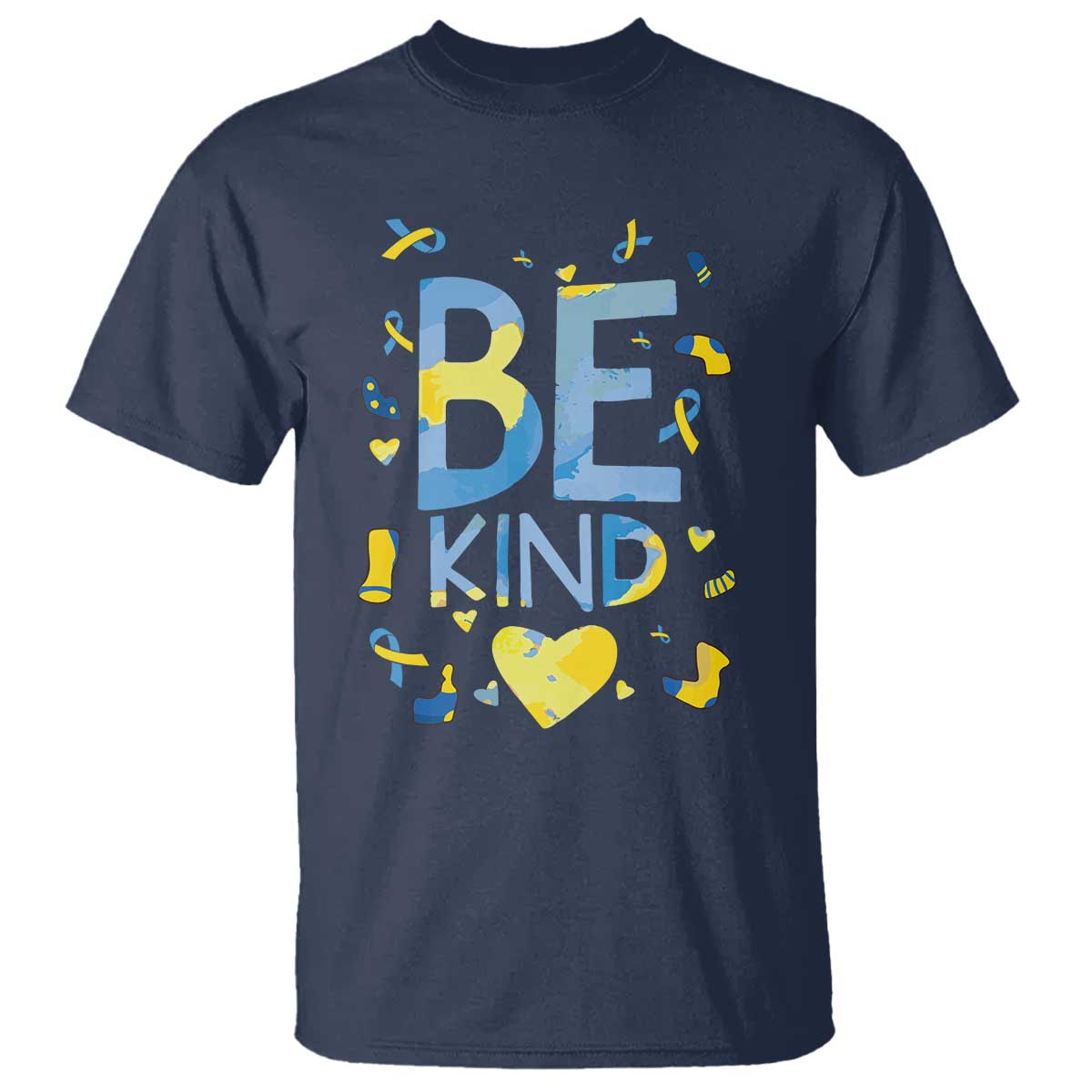 World Down Syndrome Day T Shirt Awareness Support Blue Yellow Ribbon Be Nice Kind TS10 Navy Print Your Wear