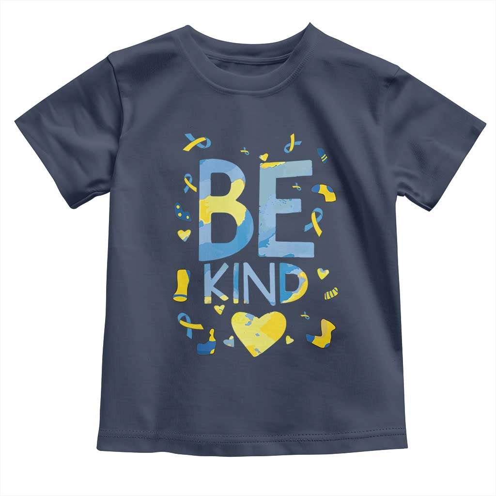 World Down Syndrome Day Toddler T Shirt Awareness Support Blue Yellow Ribbon Be Nice Kind TS10 Navy Print Your Wear