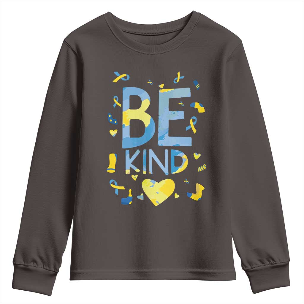 World Down Syndrome Day Youth Sweatshirt Awareness Support Blue Yellow Ribbon Be Nice Kind TS10 Dark Chocolate Print Your Wear