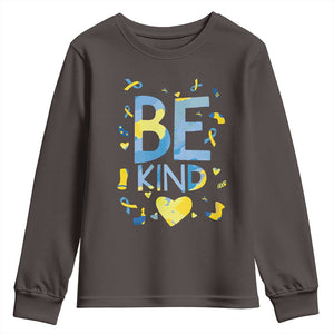 World Down Syndrome Day Youth Sweatshirt Awareness Support Blue Yellow Ribbon Be Nice Kind TS10 Dark Chocolate Print Your Wear