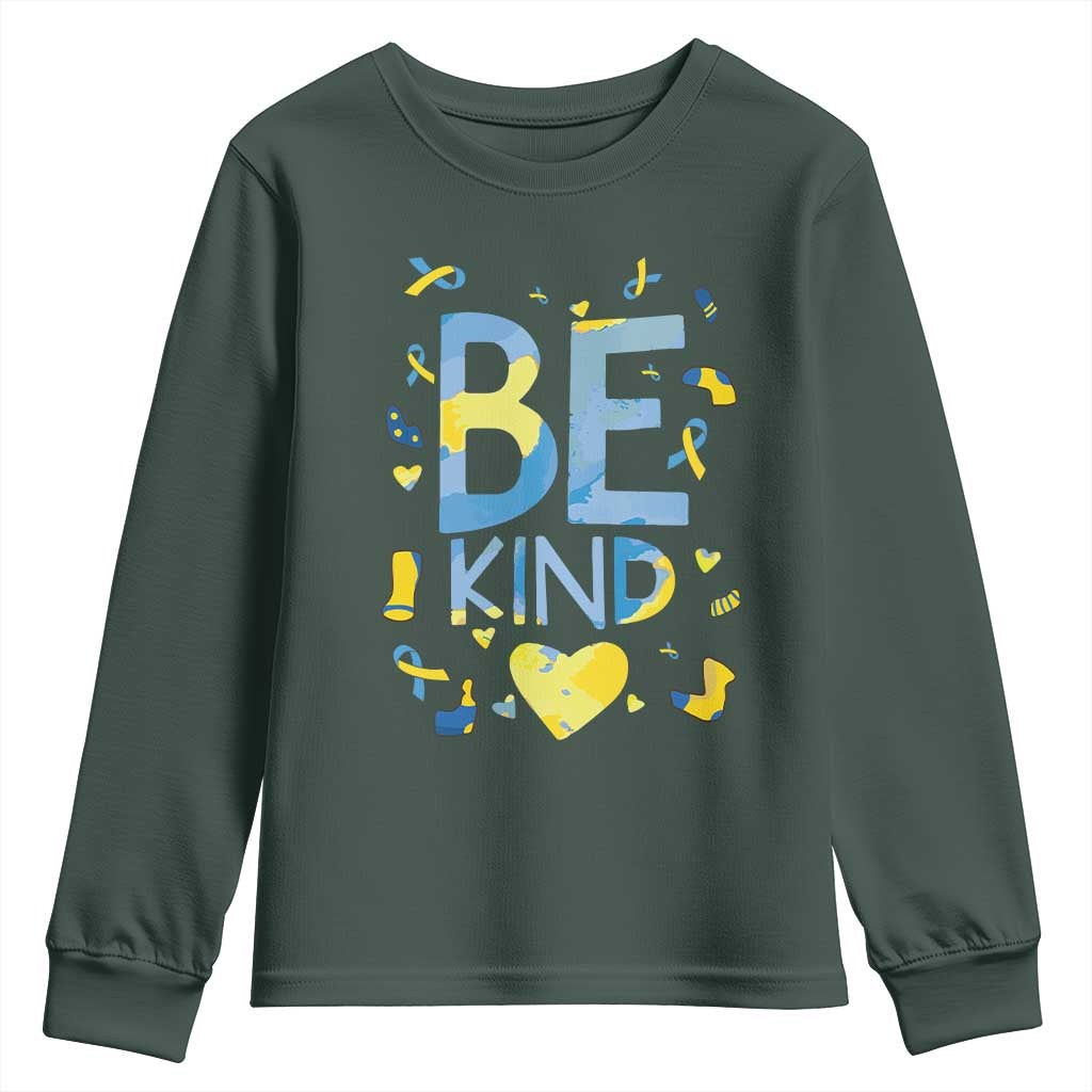 World Down Syndrome Day Youth Sweatshirt Awareness Support Blue Yellow Ribbon Be Nice Kind TS10 Dark Forest Green Print Your Wear