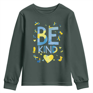 World Down Syndrome Day Youth Sweatshirt Awareness Support Blue Yellow Ribbon Be Nice Kind TS10 Dark Forest Green Print Your Wear