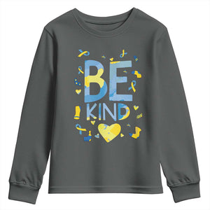 World Down Syndrome Day Youth Sweatshirt Awareness Support Blue Yellow Ribbon Be Nice Kind TS10 Dark Heather Print Your Wear