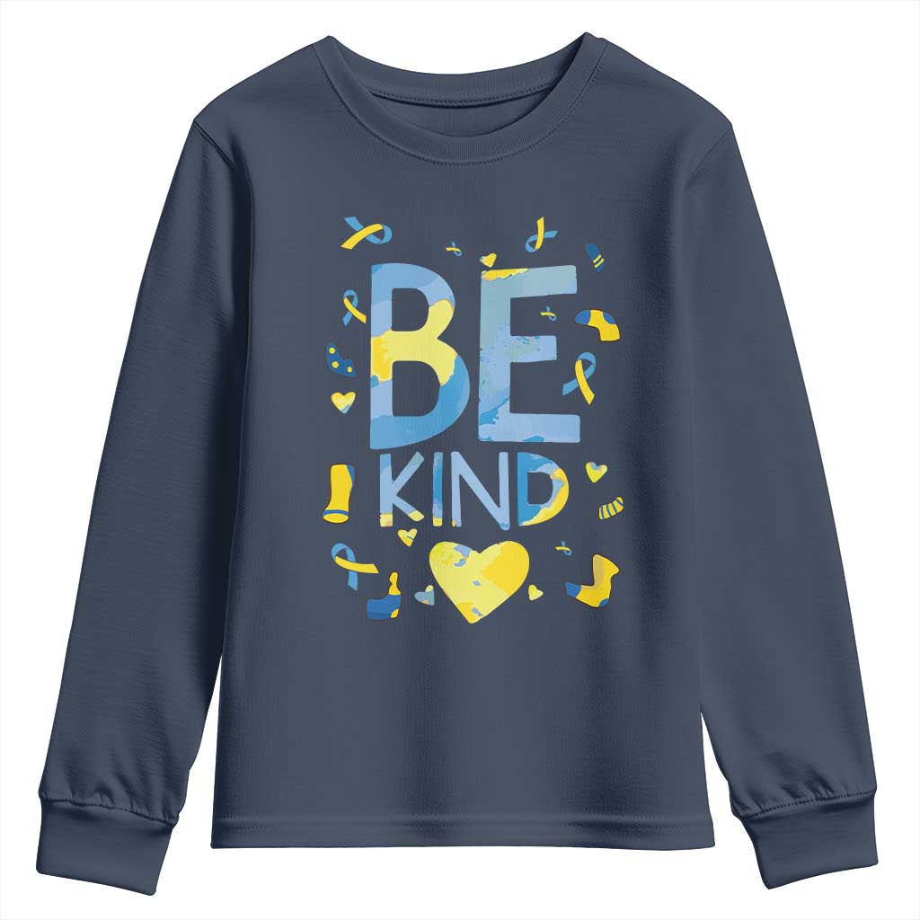 World Down Syndrome Day Youth Sweatshirt Awareness Support Blue Yellow Ribbon Be Nice Kind TS10 Navy Print Your Wear