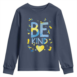 World Down Syndrome Day Youth Sweatshirt Awareness Support Blue Yellow Ribbon Be Nice Kind TS10 Navy Print Your Wear