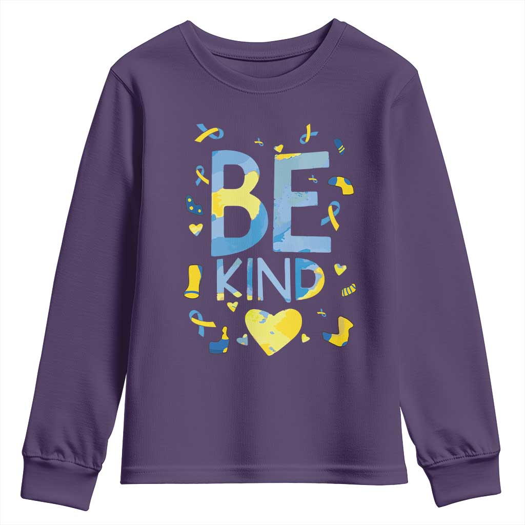 World Down Syndrome Day Youth Sweatshirt Awareness Support Blue Yellow Ribbon Be Nice Kind TS10 Purple Print Your Wear