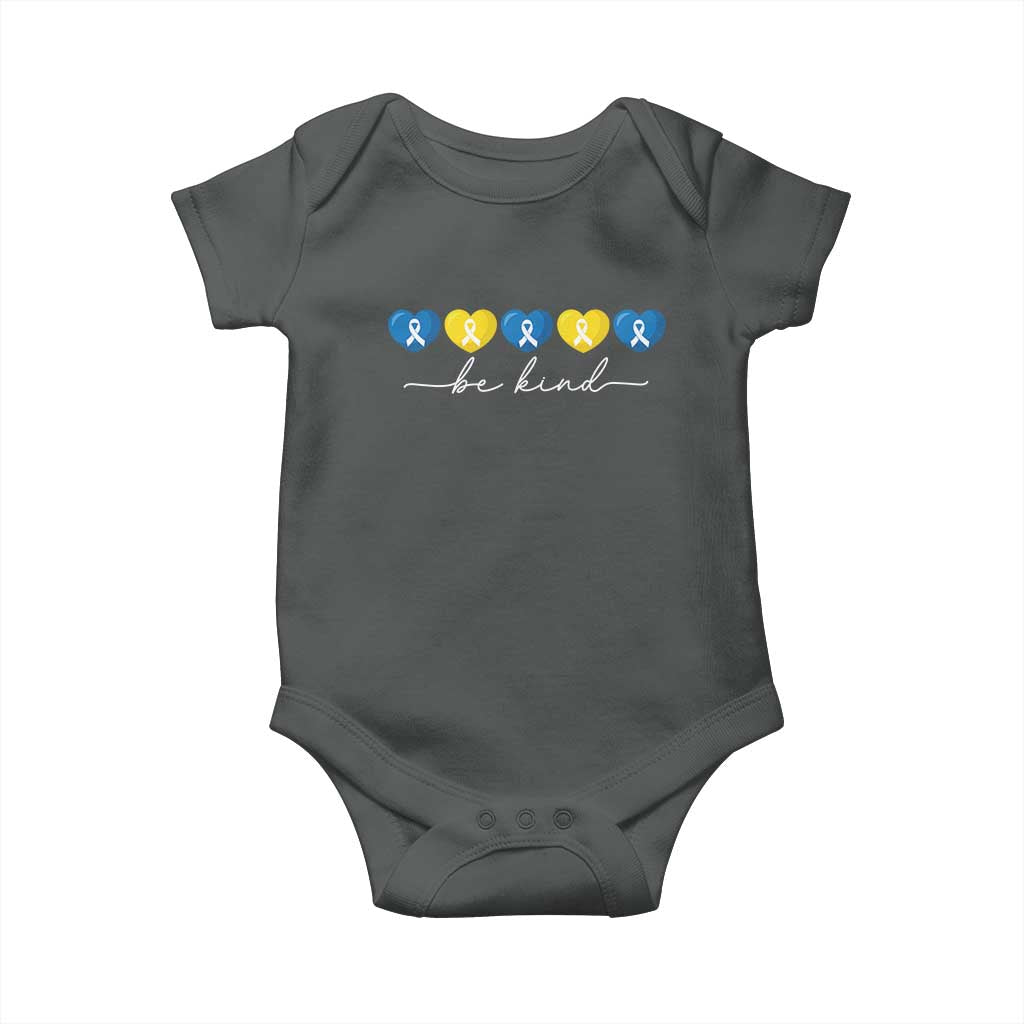 Down Syndrome Awareness Baby Onesie Blue Yellow Ribbon Be Kind TS10 Dark Heather Print Your Wear