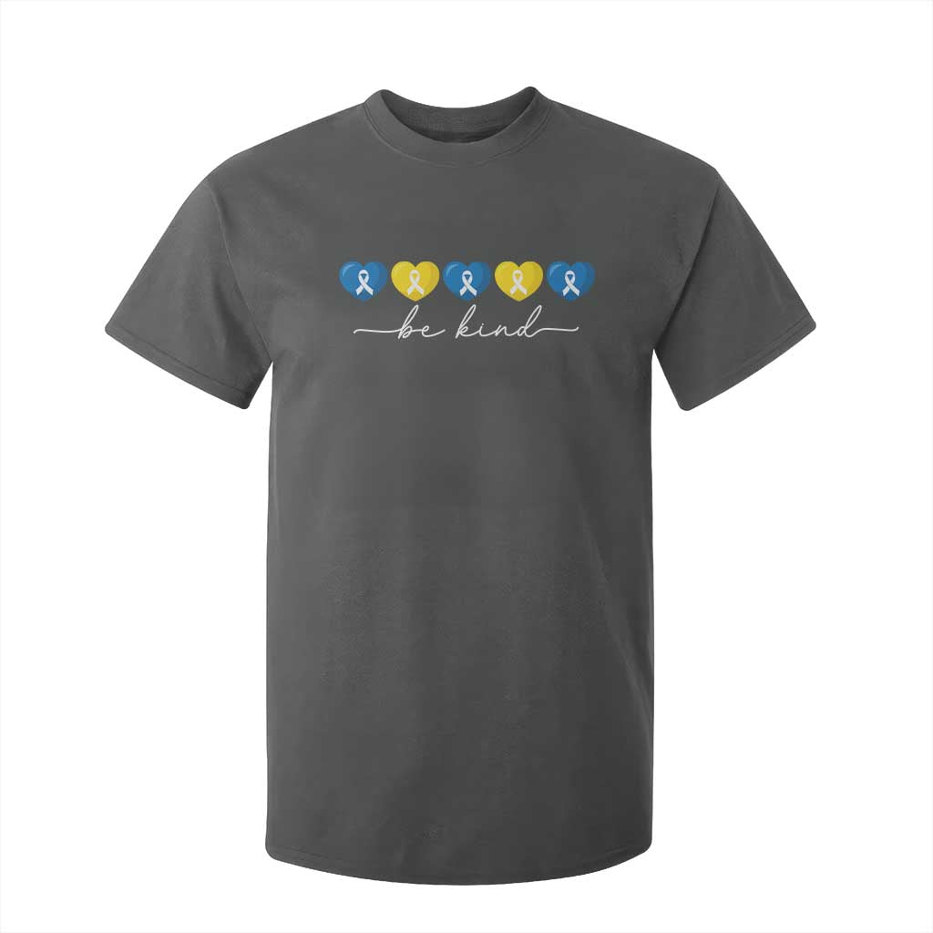 Down Syndrome Awareness T Shirt For Kid Blue Yellow Ribbon Be Kind TS10 Dark Heather Print Your Wear