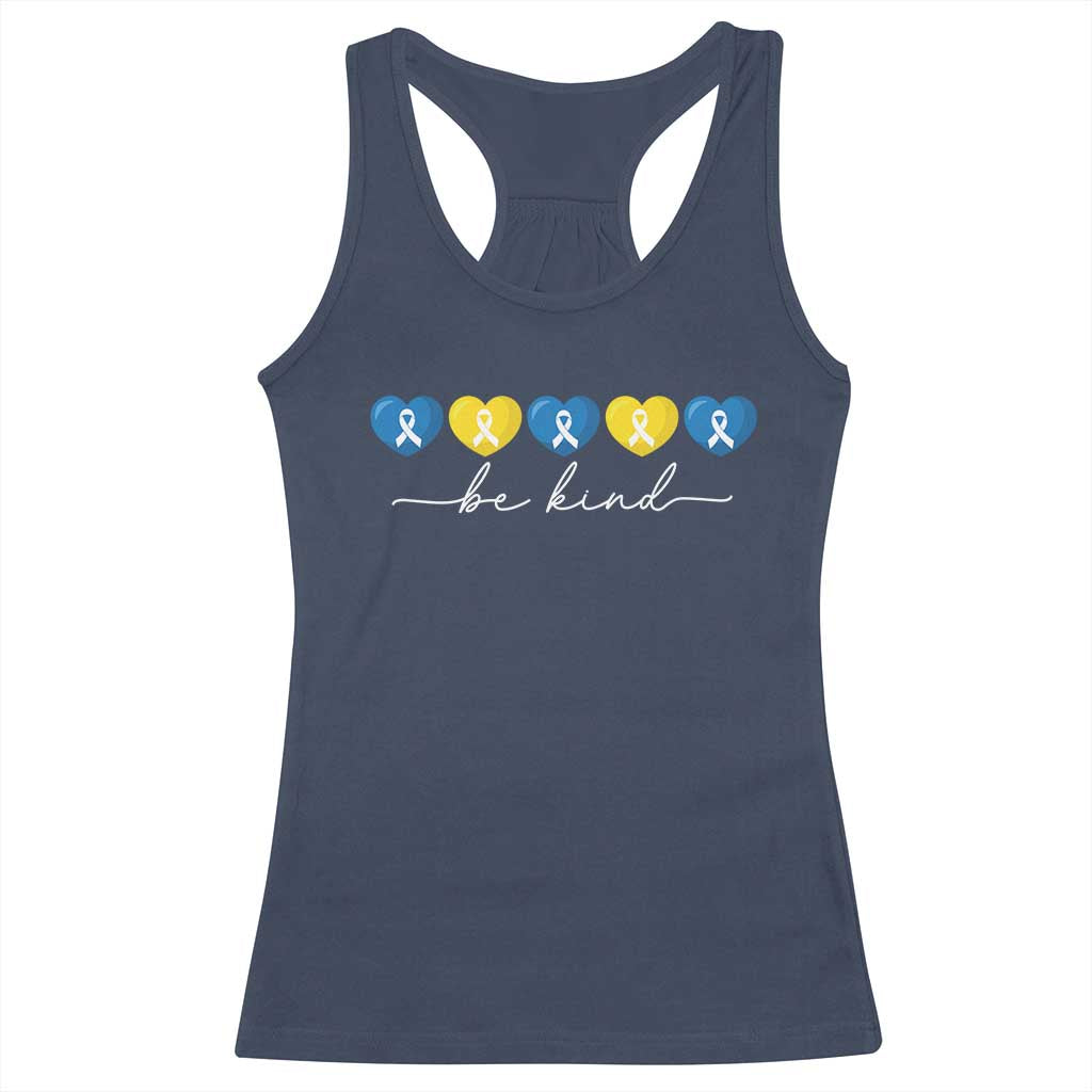 Down Syndrome Awareness Racerback Tank Top Blue Yellow Ribbon Be Kind TS10 Navy Print Your Wear