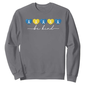 Down Syndrome Awareness Sweatshirt Blue Yellow Ribbon Be Kind TS10 Charcoal Print Your Wear