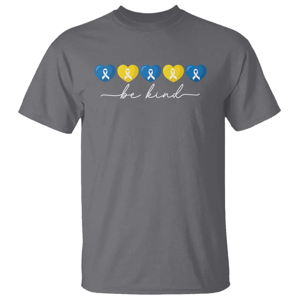Down Syndrome Awareness T Shirt Blue Yellow Ribbon Be Kind TS10 Charcoal Print Your Wear