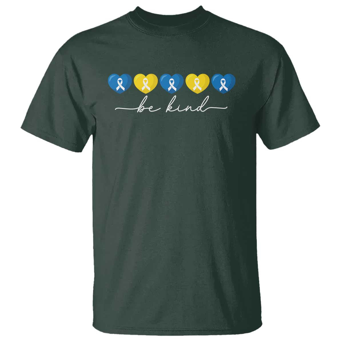 Down Syndrome Awareness T Shirt Blue Yellow Ribbon Be Kind TS10 Dark Forest Green Print Your Wear