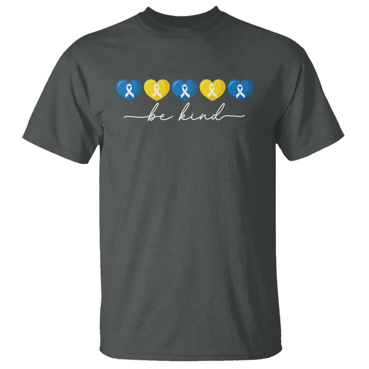 Down Syndrome Awareness T Shirt Blue Yellow Ribbon Be Kind TS10 Dark Heather Print Your Wear