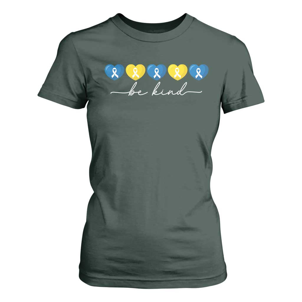 Down Syndrome Awareness T Shirt For Women Blue Yellow Ribbon Be Kind TS10 Dark Forest Green Print Your Wear