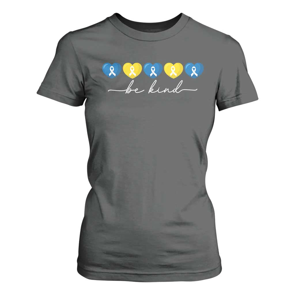 Down Syndrome Awareness T Shirt For Women Blue Yellow Ribbon Be Kind TS10 Dark Heather Print Your Wear