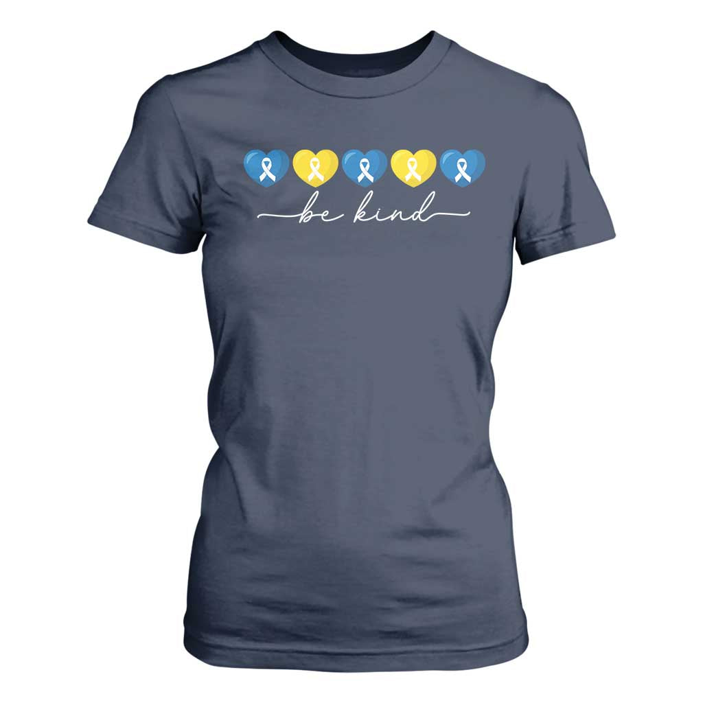 Down Syndrome Awareness T Shirt For Women Blue Yellow Ribbon Be Kind TS10 Navy Print Your Wear