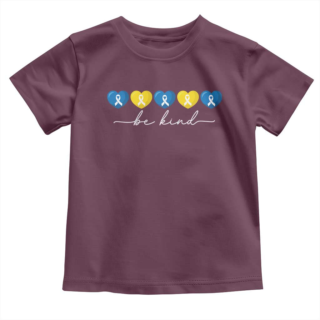 Down Syndrome Awareness Toddler T Shirt Blue Yellow Ribbon Be Kind TS10 Maroon Print Your Wear