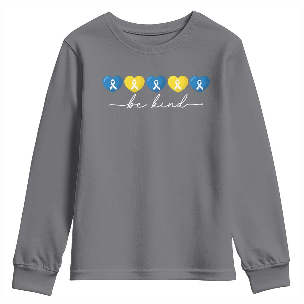 Down Syndrome Awareness Youth Sweatshirt Blue Yellow Ribbon Be Kind TS10 Charcoal Print Your Wear