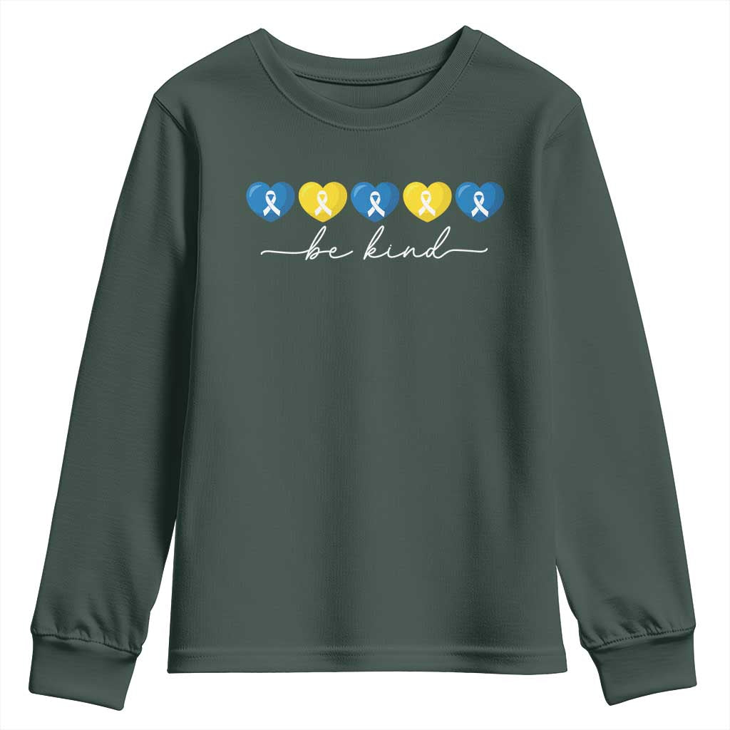 Down Syndrome Awareness Youth Sweatshirt Blue Yellow Ribbon Be Kind TS10 Dark Forest Green Print Your Wear