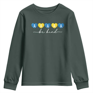 Down Syndrome Awareness Youth Sweatshirt Blue Yellow Ribbon Be Kind TS10 Dark Forest Green Print Your Wear