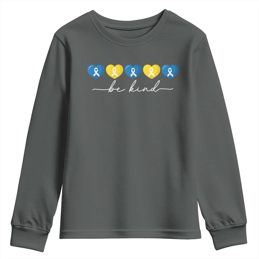 Down Syndrome Awareness Youth Sweatshirt Blue Yellow Ribbon Be Kind TS10 Dark Heather Print Your Wear