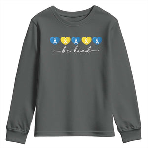 Down Syndrome Awareness Youth Sweatshirt Blue Yellow Ribbon Be Kind TS10 Dark Heather Print Your Wear