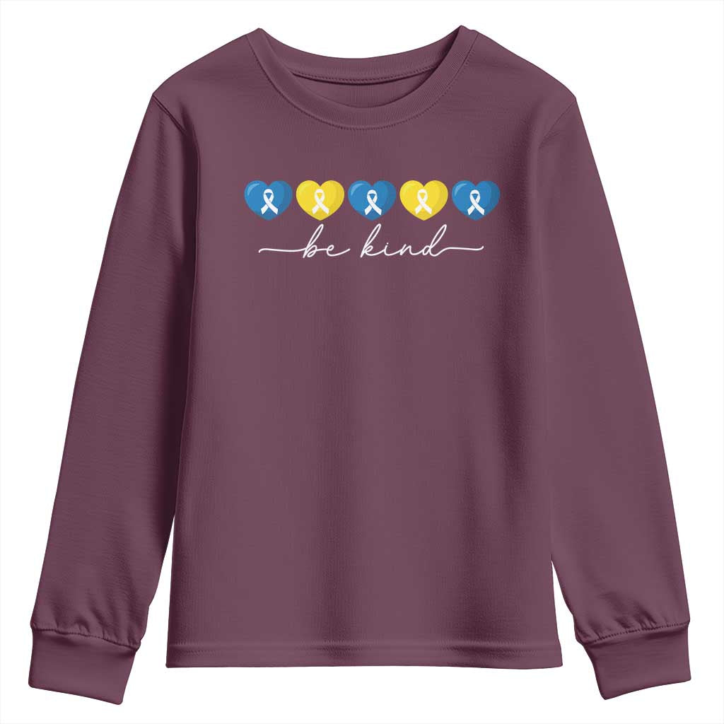 Down Syndrome Awareness Youth Sweatshirt Blue Yellow Ribbon Be Kind TS10 Maroon Print Your Wear