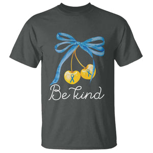 World Down Syndrome Day T Shirt Blue Yellow Cherry Bow Coquette Be Kind TS10 Dark Heather Print Your Wear