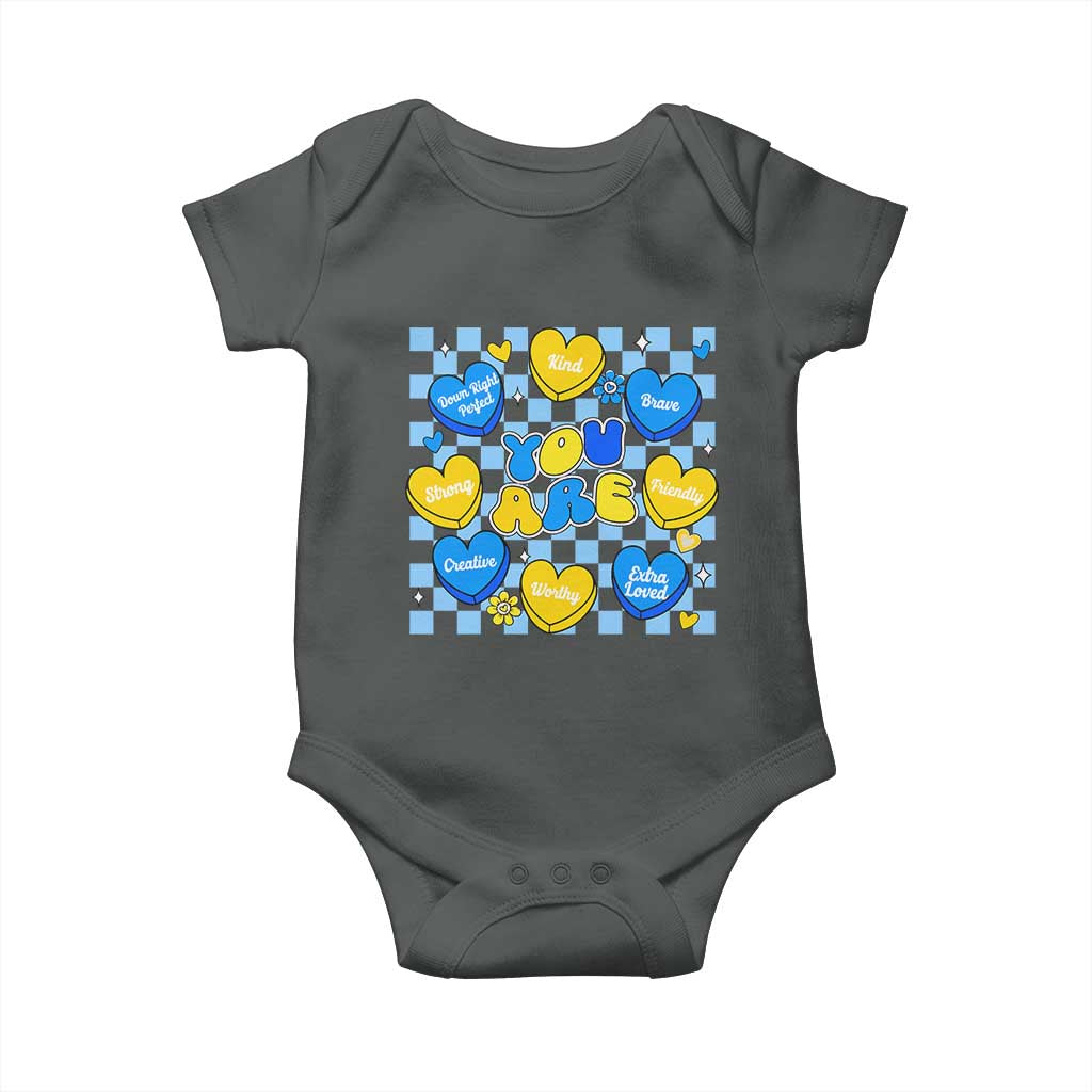 World Down Syndrome Day Baby Onesie Blue Yellow Ribbon Retro Heart Love TS10 Dark Heather Print Your Wear
