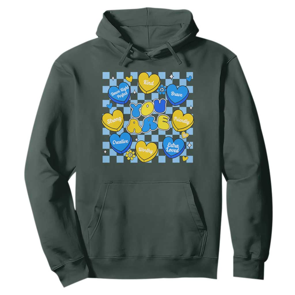 World Down Syndrome Day Hoodie Blue Yellow Ribbon Retro Heart Love TS10 Dark Forest Green Print Your Wear