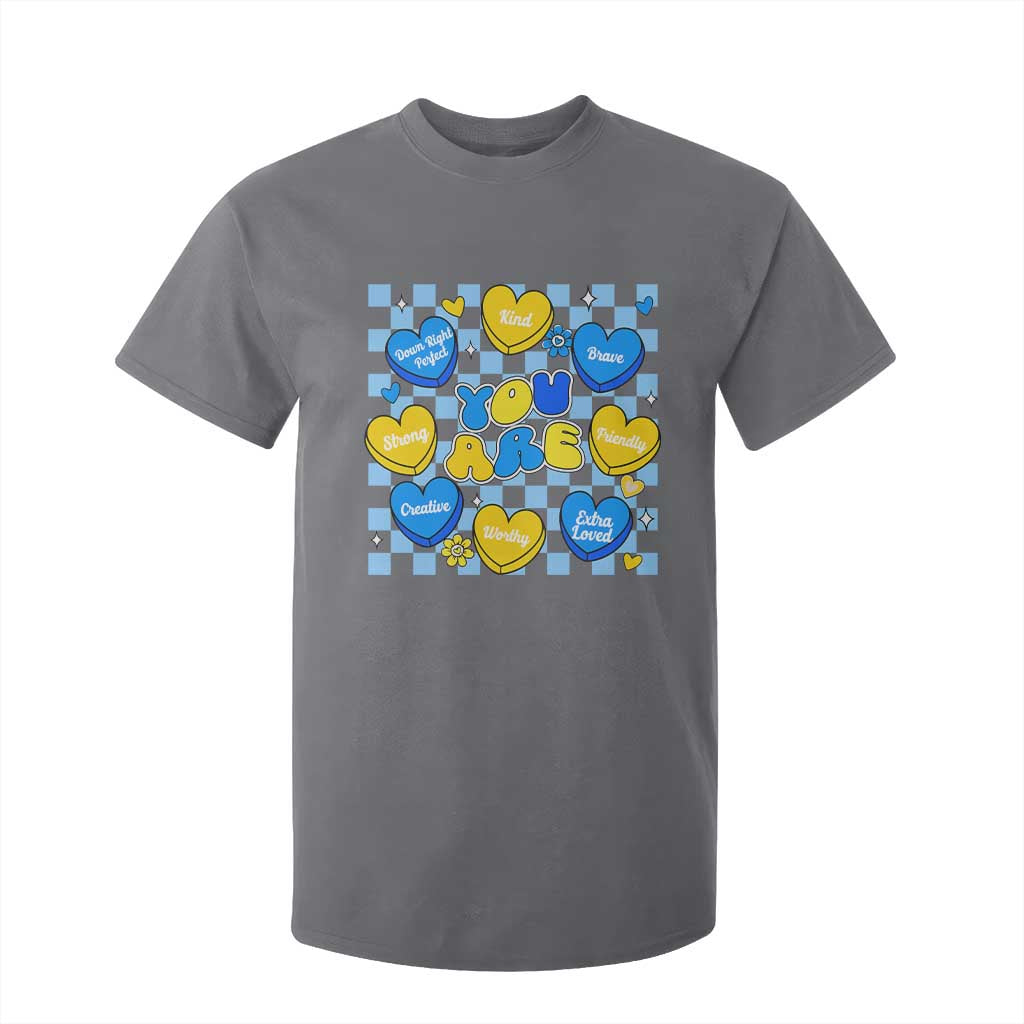 World Down Syndrome Day T Shirt For Kid Blue Yellow Ribbon Retro Heart Love TS10 Charcoal Print Your Wear