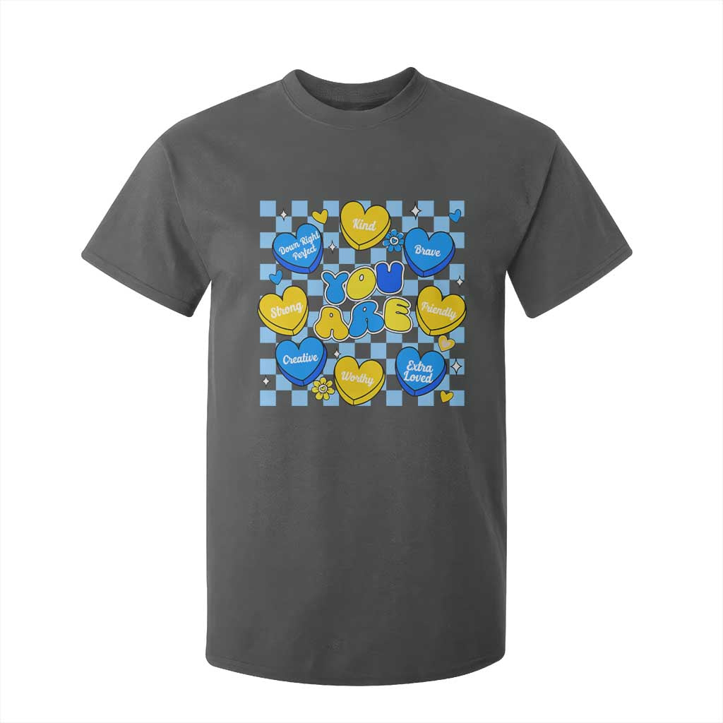 World Down Syndrome Day T Shirt For Kid Blue Yellow Ribbon Retro Heart Love TS10 Dark Heather Print Your Wear