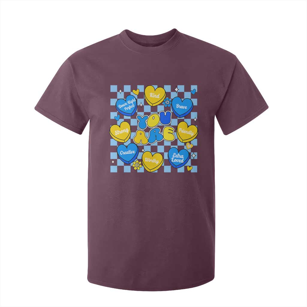 World Down Syndrome Day T Shirt For Kid Blue Yellow Ribbon Retro Heart Love TS10 Maroon Print Your Wear