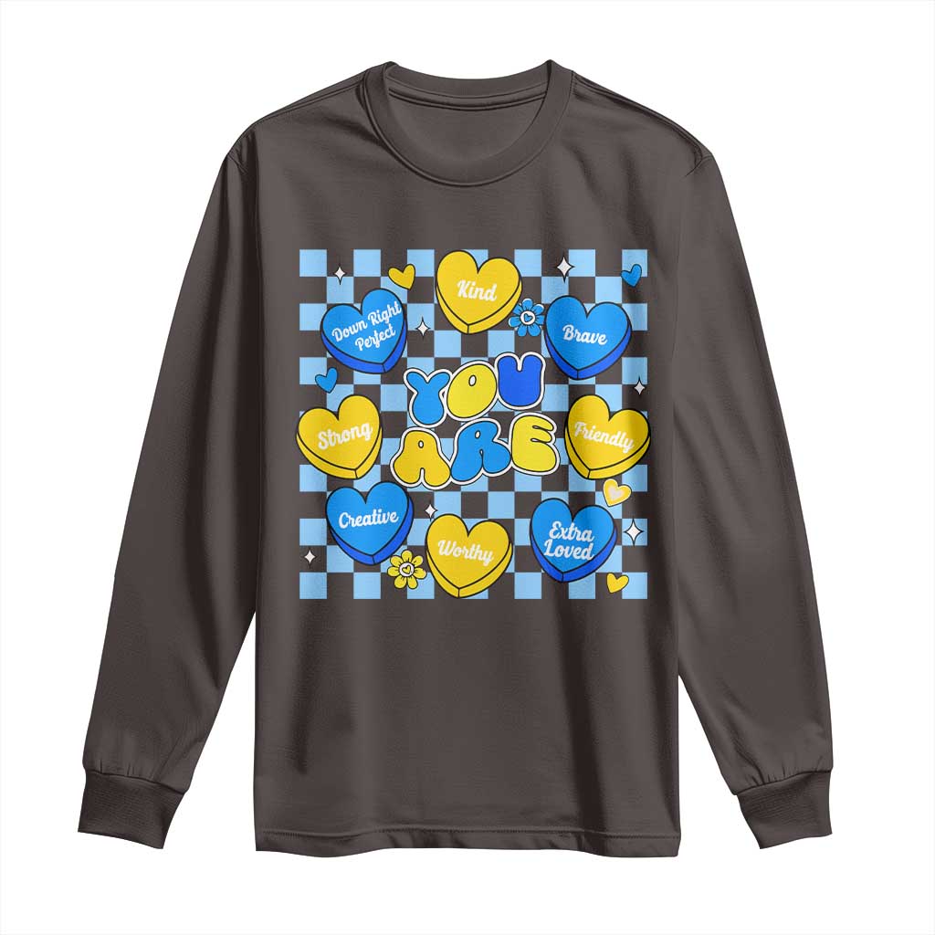 World Down Syndrome Day Long Sleeve Shirt Blue Yellow Ribbon Retro Heart Love TS10 Dark Chocolate Print Your Wear