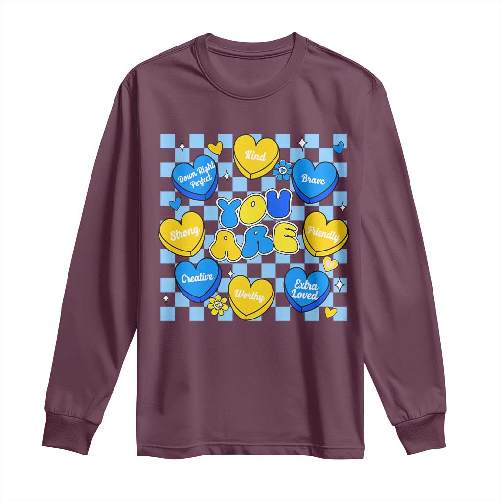 World Down Syndrome Day Long Sleeve Shirt Blue Yellow Ribbon Retro Heart Love TS10 Maroon Print Your Wear