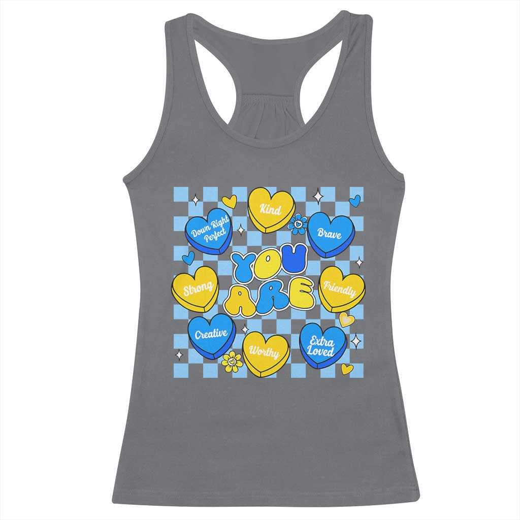 World Down Syndrome Day Racerback Tank Top Blue Yellow Ribbon Retro Heart Love TS10 Charcoal Print Your Wear