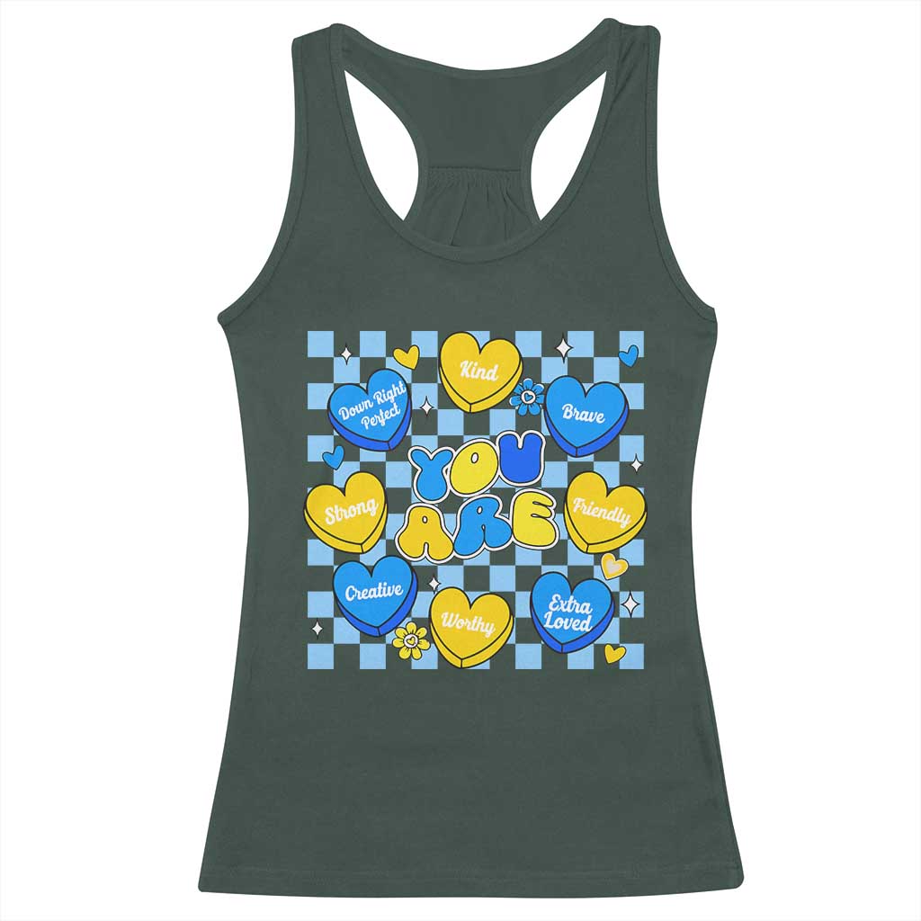 World Down Syndrome Day Racerback Tank Top Blue Yellow Ribbon Retro Heart Love TS10 Dark Forest Green Print Your Wear
