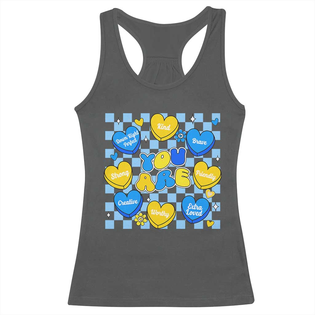 World Down Syndrome Day Racerback Tank Top Blue Yellow Ribbon Retro Heart Love TS10 Dark Heather Print Your Wear