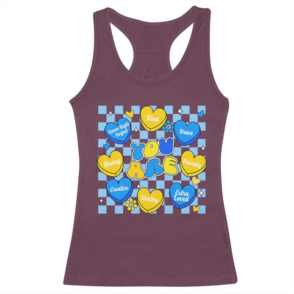 World Down Syndrome Day Racerback Tank Top Blue Yellow Ribbon Retro Heart Love TS10 Maroon Print Your Wear