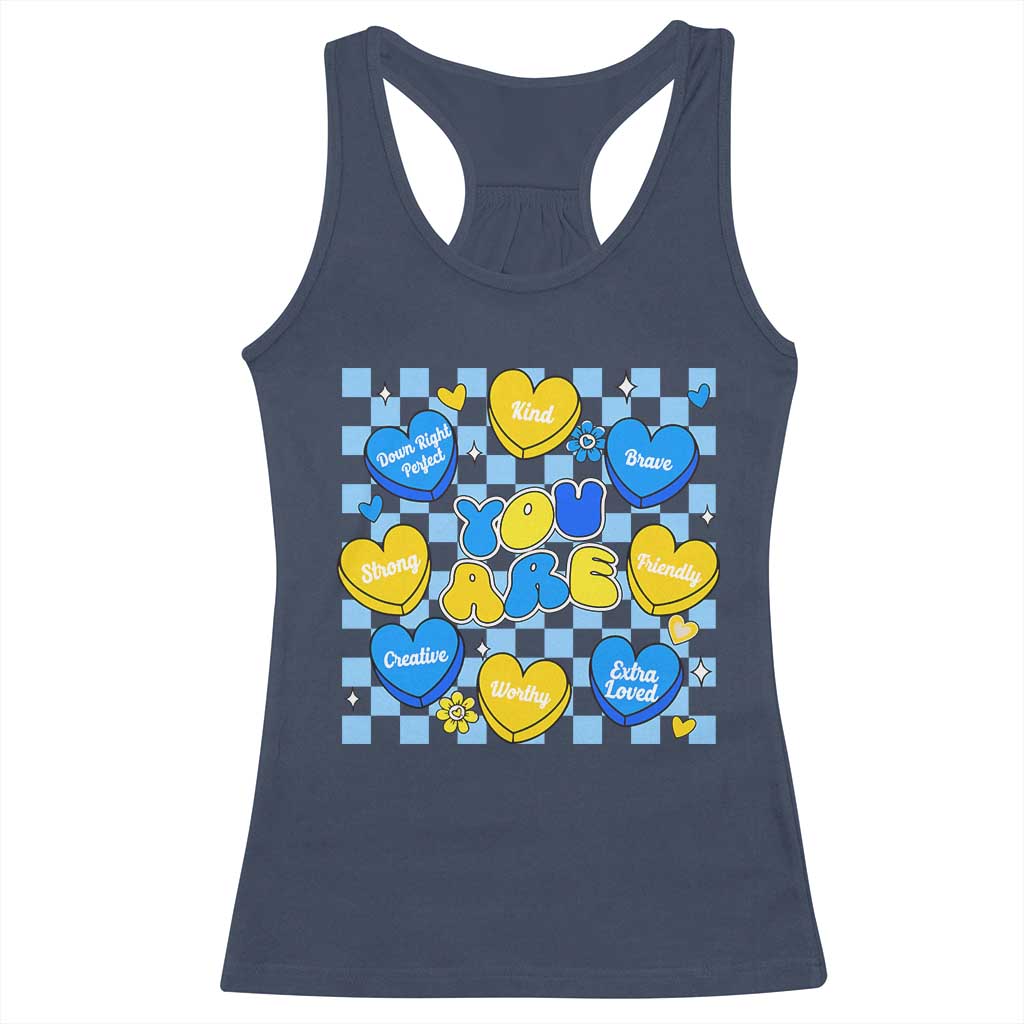 World Down Syndrome Day Racerback Tank Top Blue Yellow Ribbon Retro Heart Love TS10 Navy Print Your Wear