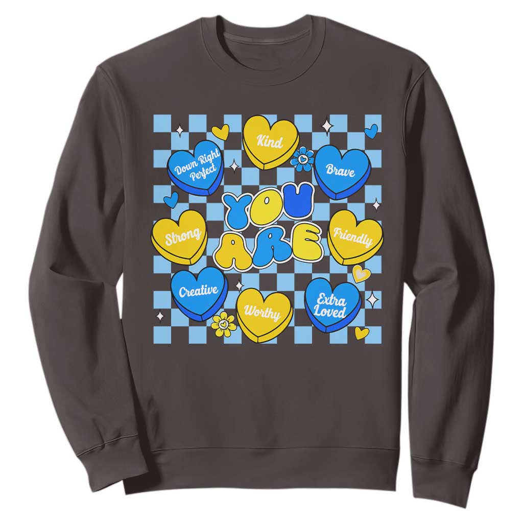 World Down Syndrome Day Sweatshirt Blue Yellow Ribbon Retro Heart Love TS10 Dark Chocolate Print Your Wear